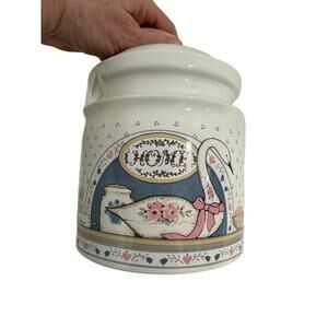 Vintage Ceramic Canister 1980s Swan Pink Heart Floral Design Blue Ribbon Country